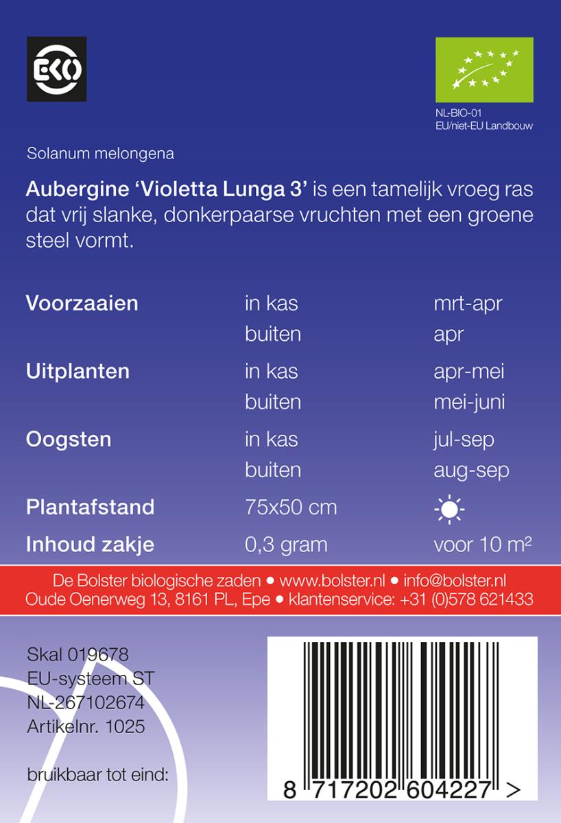 Aubergine Aubergine 'Violetta Lunga 3 Biologisch - Feggies